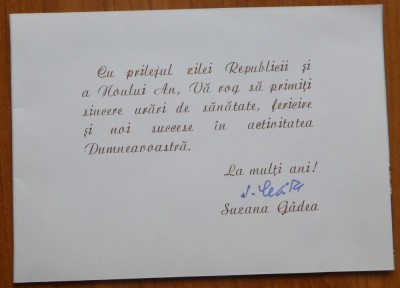 Semnatura Suzana Gadea pe felicitare , demnitar comunist foto