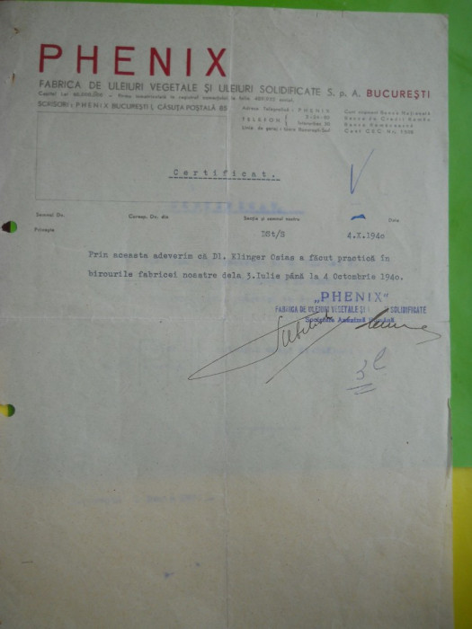 HOPCT DOCUMENT VECHI NR 129 FABRICA DE ULEIURI VEGETALE PHENIX BUCURESTI 1940