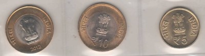 SV * India LOT 5 + 10 + 10 RUPEES 2012 UNC bimetal foto