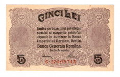 ROMANIA 5 LEI - 1917 NECIRCULATA . BANCA GENERALA ROMANA OCUPATIA GERMANA UNC foto