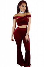 P522-3 Compleu sexy din imitatie catifea, cu top scurt si pantaloni evazati foto