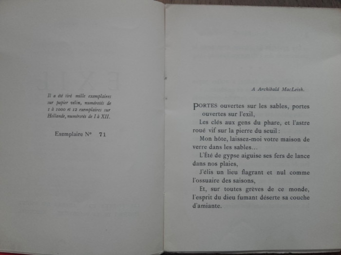 ST.-J.PERSE - EXIL, 1000 EXEMPLARE, EX.NR 71, 1934