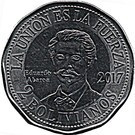 Bolivia 2 Bolivianos 2017 - (Eduardo Abaroa) 29 mm KM-New UNC !!! foto