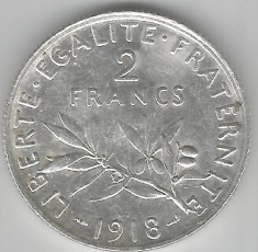 FRANTA 2 FRANCI FRANCS 1918 ARGINT STARE AUNC