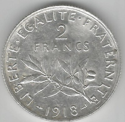 FRANTA 2 FRANCI FRANCS 1918 ARGINT STARE AUNC foto