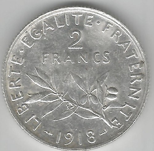 FRANTA 2 FRANCI FRANCS 1918 ARGINT STARE AUNC