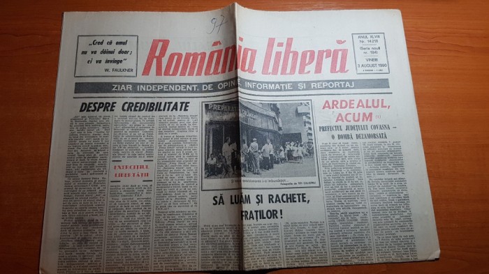 ziarul romania libera 3 august 1990-prefectul jud. covasna-o bomba dezamorsata