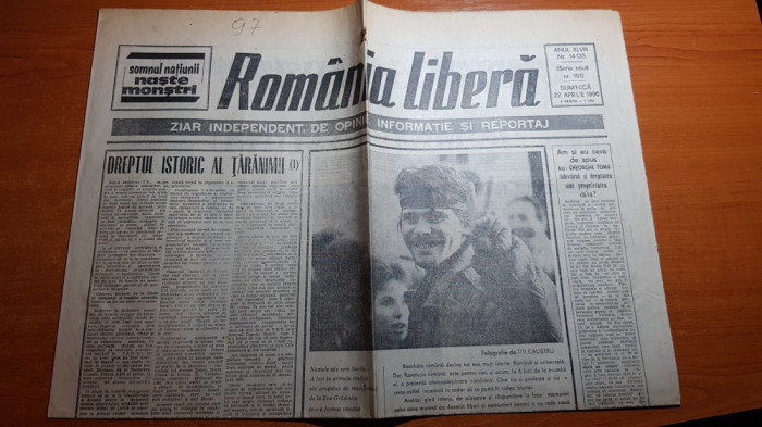 ziarul romania libera 22 aprilie 1990-art. &quot;dreptul istoric al taranimii &quot;