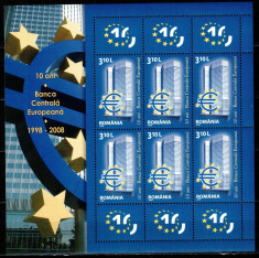 Romania 2008, LP 1804 a, Banca Europeana BCE, bloc de 6, MNH! LP 25,70 lei foto