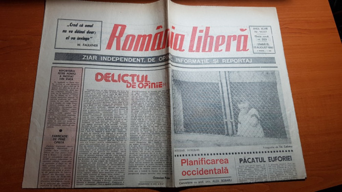 ziarul romania libera 25 august 1990-art. delictul de opinie de octavian paler