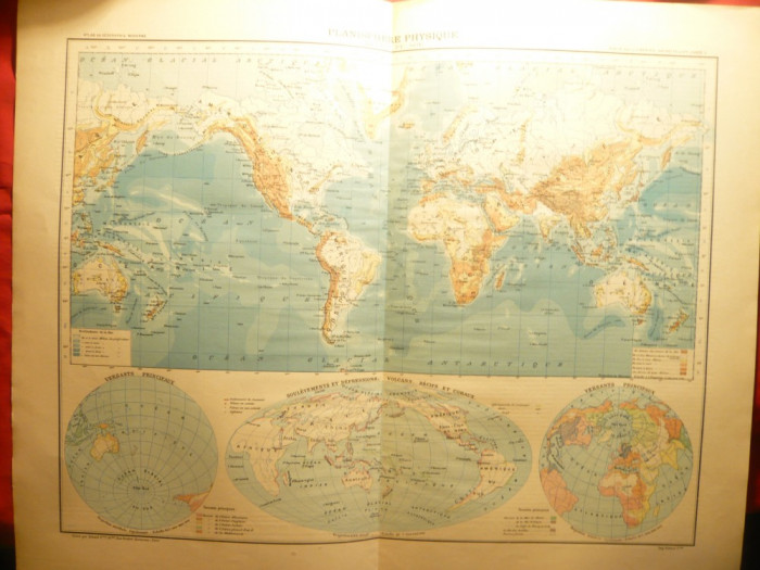 Harta Planisfera fizica Terestra- 1906,dim.=42x39 cm ,Ed.Hachette ,gravor Erhard