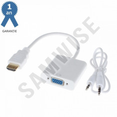 Adaptor DeTech HDMI tata - VGA mama, Cablu Audio, Alb foto