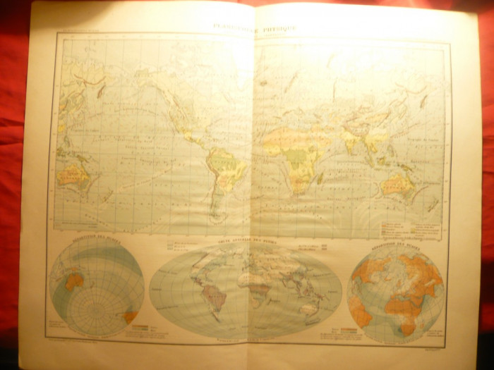 Harta Planisfera fizica Terestra-Vanturi , Curenti, Vegetatie 1906, ,Ed.Hachette