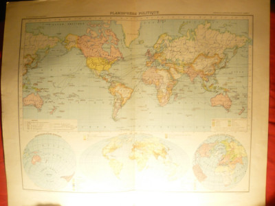 Harta Sferei -Planisferei Terestre-Politica 1906,dim.=42x39 cm ,gravor Erhard foto