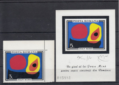 ROMANIA 1970 LP 744 LP 745 INUNDATIA II MIRO SERIE SI COLITA NEDANTELATA MNH foto