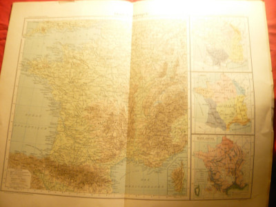 Harta Fizica Franta , imprejurimi -1906 dim.=42x39 cm ,Ed.Hachette - F.Schrader foto