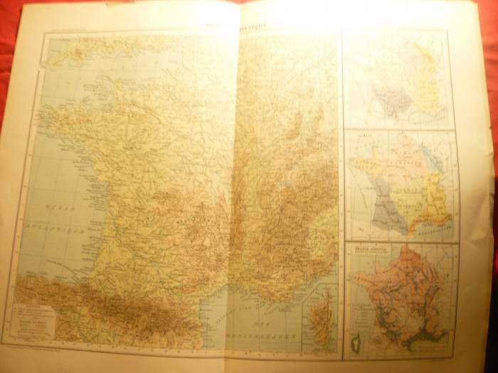 Harta Fizica Franta , imprejurimi -1906 dim.=42x39 cm ,Ed.Hachette - F.Schrader