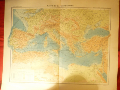 Harta Bazinului Mediteranean -Ed,Hachette 1906 ,gravor Erhard, dim.= 42x39 cm foto
