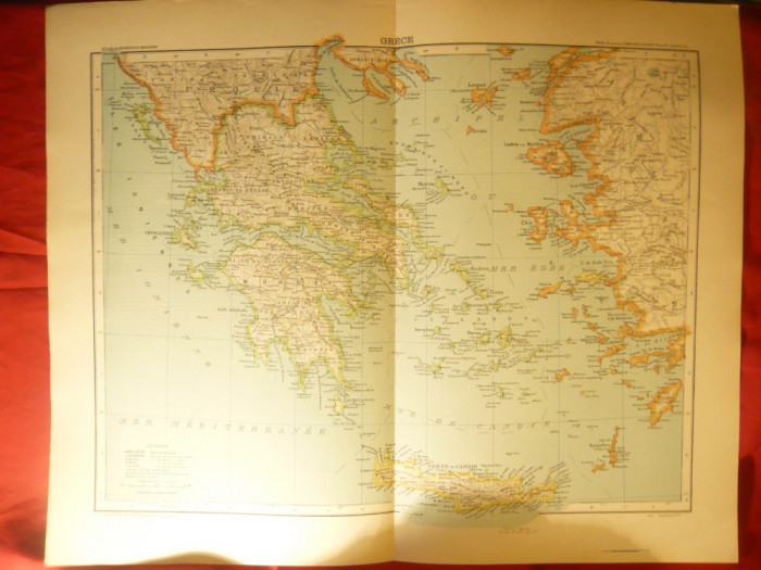 Harta Greciei -Ed,Hachette 1906 ,gravor Erhard, dim.= 42x39 cm,autori F.Schrader