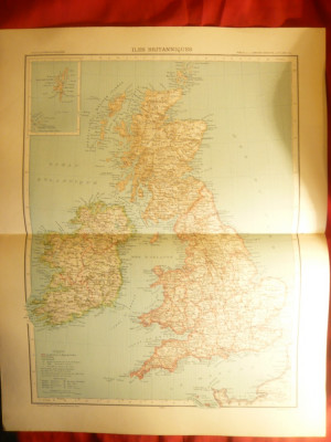 Harta Marii Britanii la 1906,dim.=42x39 cm ,Ed.Hachette ,gravor Erhard, text spa foto