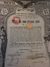 1000 Franci Aur Titlu de Stat Renta Romana obligatiune la purtator 1929 foto