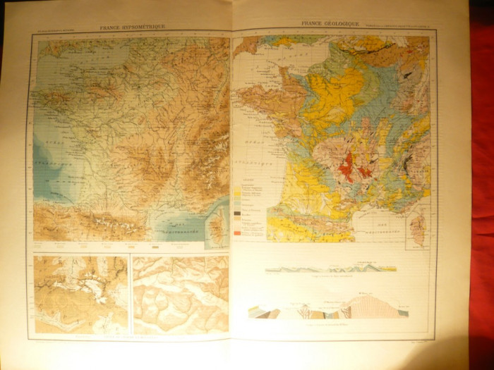 Harta Hipsometrica si Geologica a Frantei ,1906 Ed. Hachette ,gravor Erhart ,au