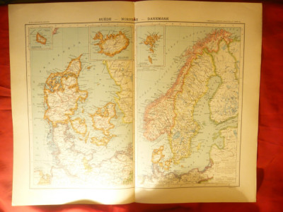 Harta Suedia ,Norvegia , Danemarca -Ed.Hachette 1906 , dim.= 42x39 cm foto