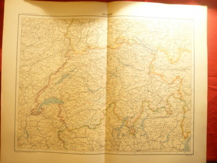 Harta Elvetiei 1906,dim.=42x39 cm ,Ed.Hachette ,gravor Erhard ,autori F.Schrader