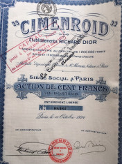 100 Franci actiune Cimenroid Richard Dior Franta 1924 cu cupoane foto