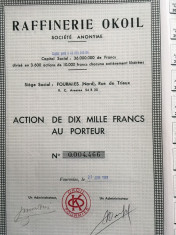 10 000 Franci actiune Raffinerie Okoil Franta 1959 cupoane neincasate foto