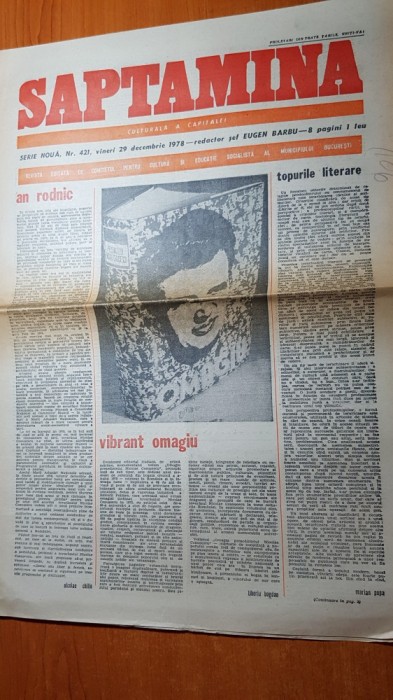 ziarul saptamana 29 decembrie 1978- cu ocazia anului nou,sarbatoarea republicii