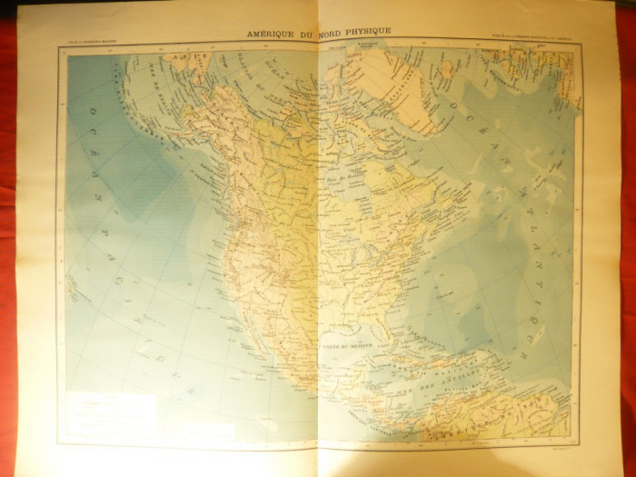 Harta Fizica a Americii de Nord -1906,dim.=42x39 cm ,Ed.Hachette ,gravor Erhard