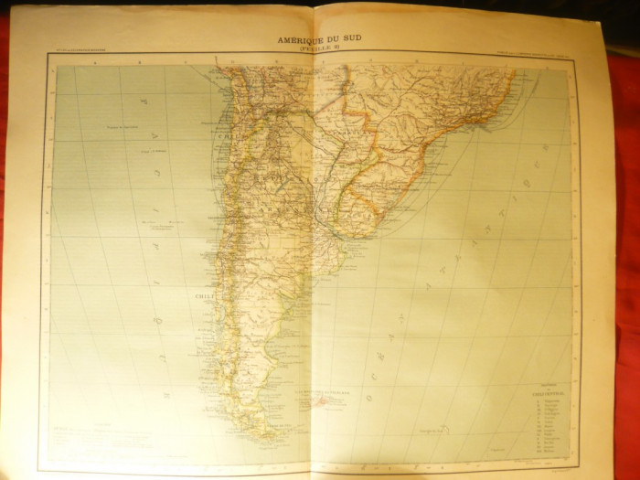 Harta America de Sud -Chile ,Brazilia ,Argen-.Ed. Hachette 1906 , dim.= 39x42 cm
