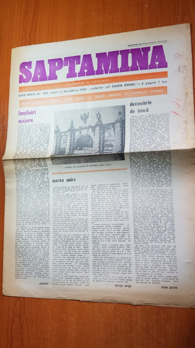 ziarul saptamana 5 decembrie 1980-62 ani de la marea unire,articol despre unire