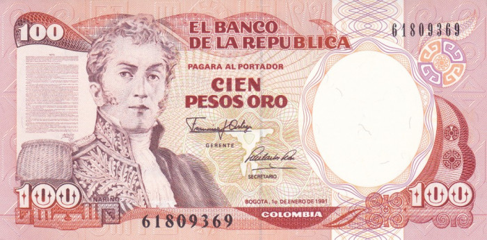 Bancnota Columbia 100 Pesos Oro 1991 - P426e UNC