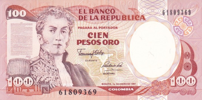 Bancnota Columbia 100 Pesos Oro 1991 - P426e UNC