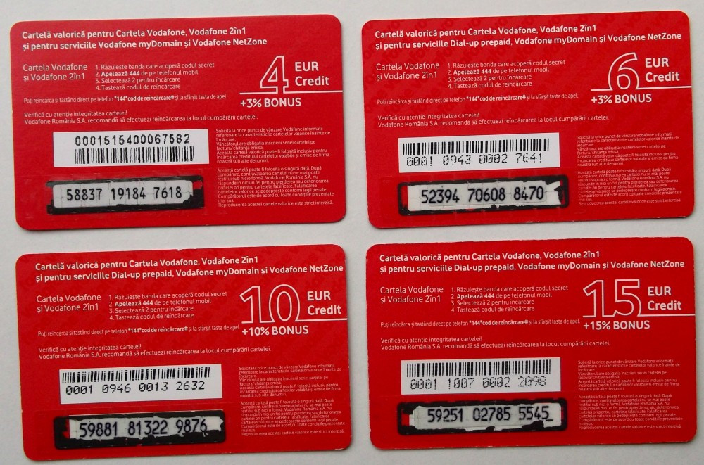 ROMANIA LOT / SET 4 cartele Vodafone 4 6 10 15 euro - PENTRU COLECTIONARI  ** | Okazii.ro