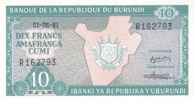 Bancnota Burundi 10 Franci 1981 - P33a UNC foto