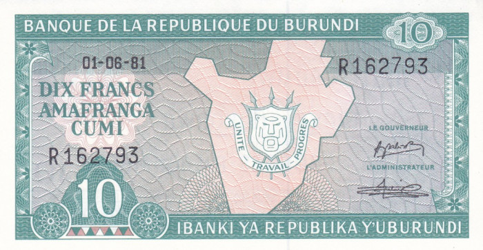 Bancnota Burundi 10 Franci 1981 - P33a UNC