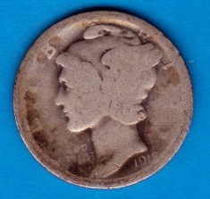 (A191) MONEDA DIN ARGINT SUA - ONE DIME 1918, MERCURY, NECURATATA