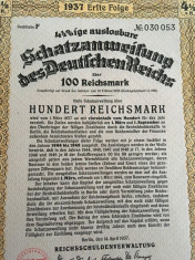 100 Reichsmark obligatiune Germania nazista 1937 foto