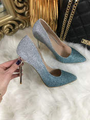 Pantofi dama cu toc argintii cu bleu marime 39+CADOU foto