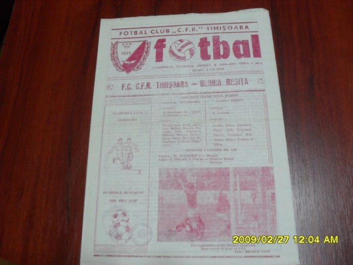 program CFR Timisoara - Gloria Resita
