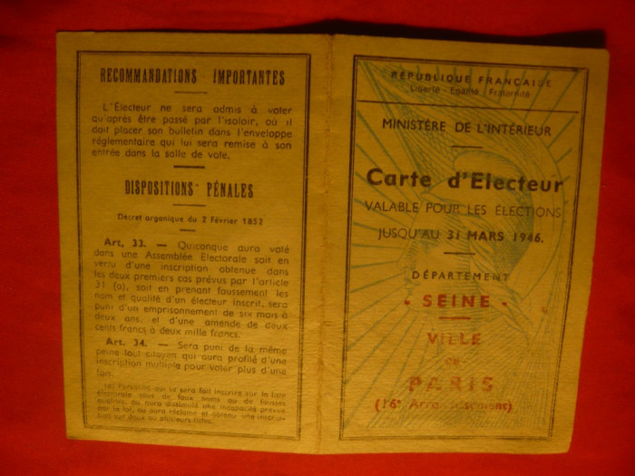 Carte de Alegator -Paris 1945 Franta