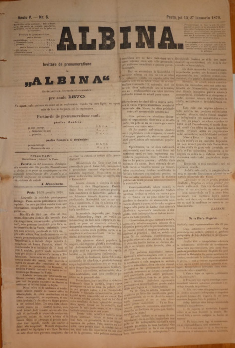 Ziarul Albina , nr. 6 , 1870 , Budapesta , in limba romana , Director V. Babes