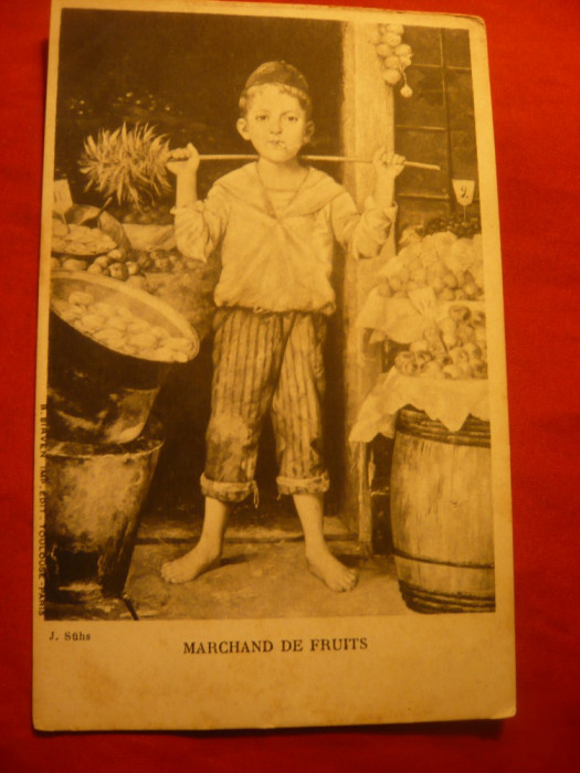 Ilustrata comica -Negustorul de Fructe- copil fimand ,semnat J.Suhs , interbelic