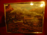 Tablou - Vestul salbatic - Tren si Diligenta ,semnat Rozzi ,dim.=25,5x20,8 cm