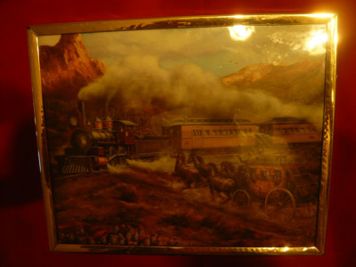 Tablou - Vestul salbatic - Tren si Diligenta ,semnat Rozzi ,dim.=25,5x20,8 cm foto