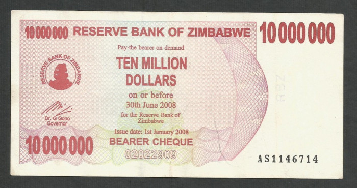 ZIMBABWE 10000000 10.000.000 DOLARI DOLLARS 2008 [5] P-55 , XF