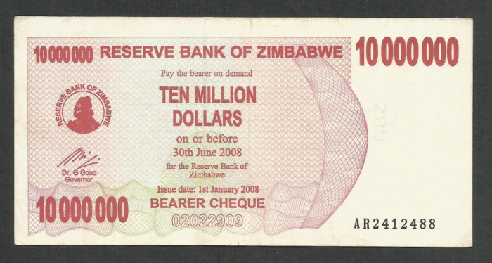 ZIMBABWE 10000000 10.000.000 DOLARI DOLLARS 2008 [7] P-55 , VF++